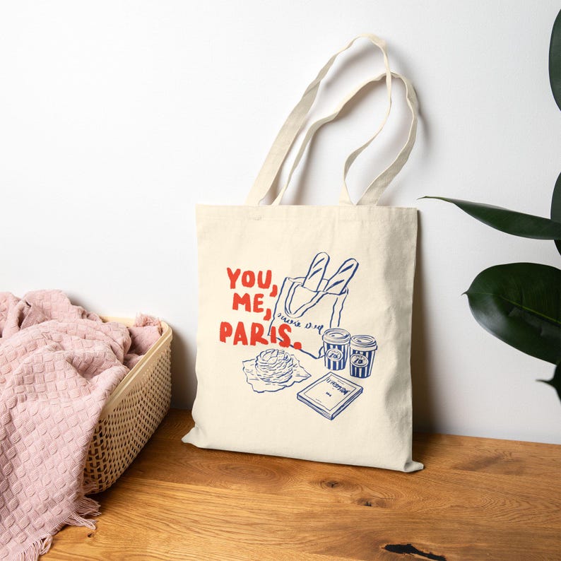 Paris Cotton Canvas Tote Bag, You, me, Paris Tote, French Market, Parisian Aesthetic Tote, Paris Gift image 3