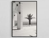 black white Nerja City Print, Sunny Ocean View Palm Tree Photography, Fine Art Home Decor, Gift for Travel Lovers, 24 x 36'' Print