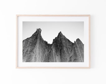Clay Cliff Rock Formation, South Island NZ, Black White Minimal Art Print, Abstract Landscape, Serene Wall Art, Unique Gift for Nature Lover