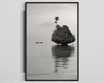 monochrome Togean Islands Ocean Fine Art Print, Sulawesi Travel Photography, Black White Fine Art, lone boat, tranquil and dreamy Landscape