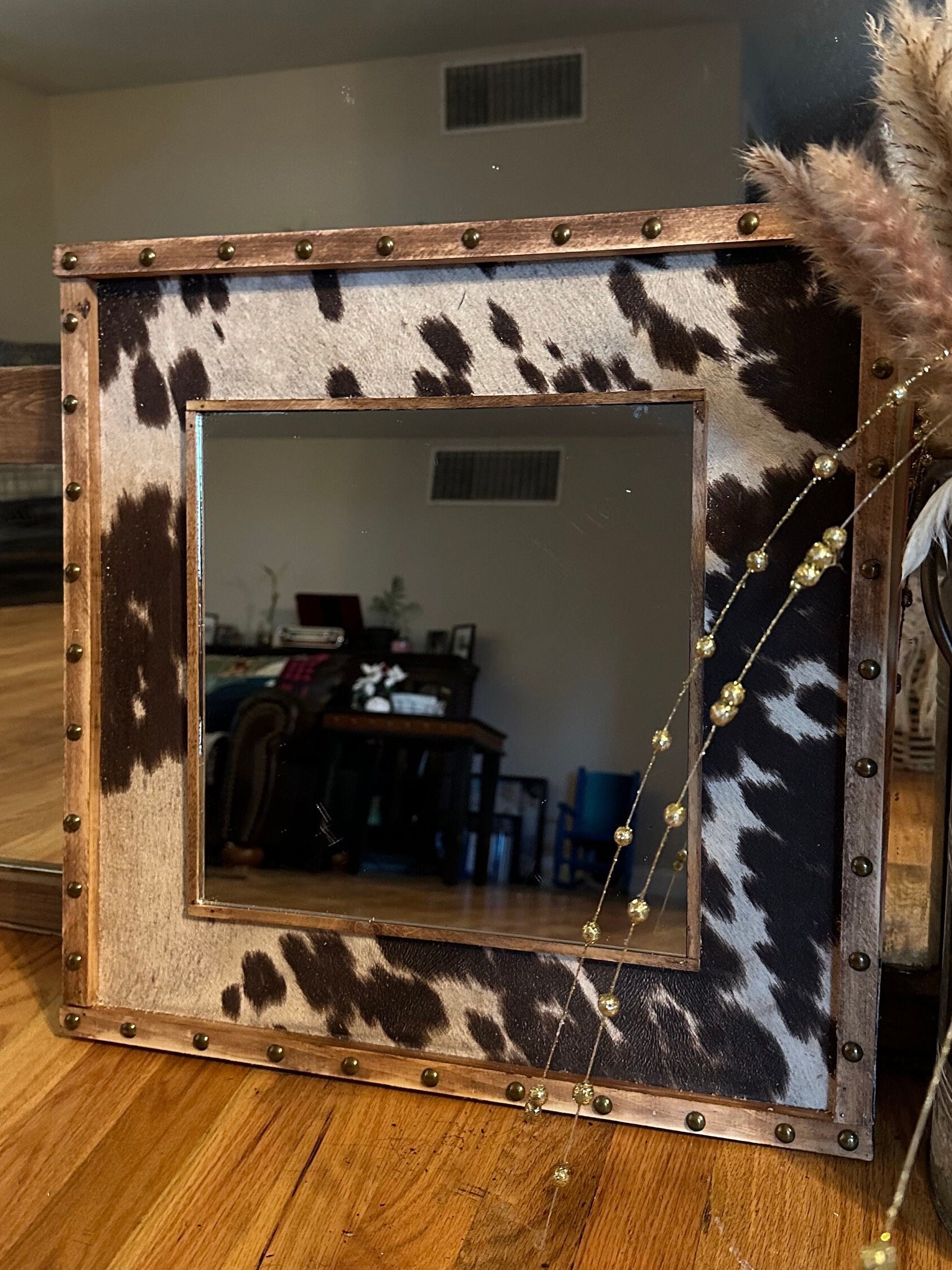 Cowprint Western Mirror | Studded Frame, Rustic Country Decor