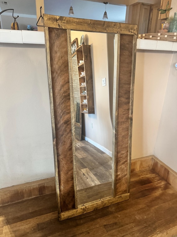 Genuine Cowhide Standing Mirror | Rustic Western Decor (53” x 24”