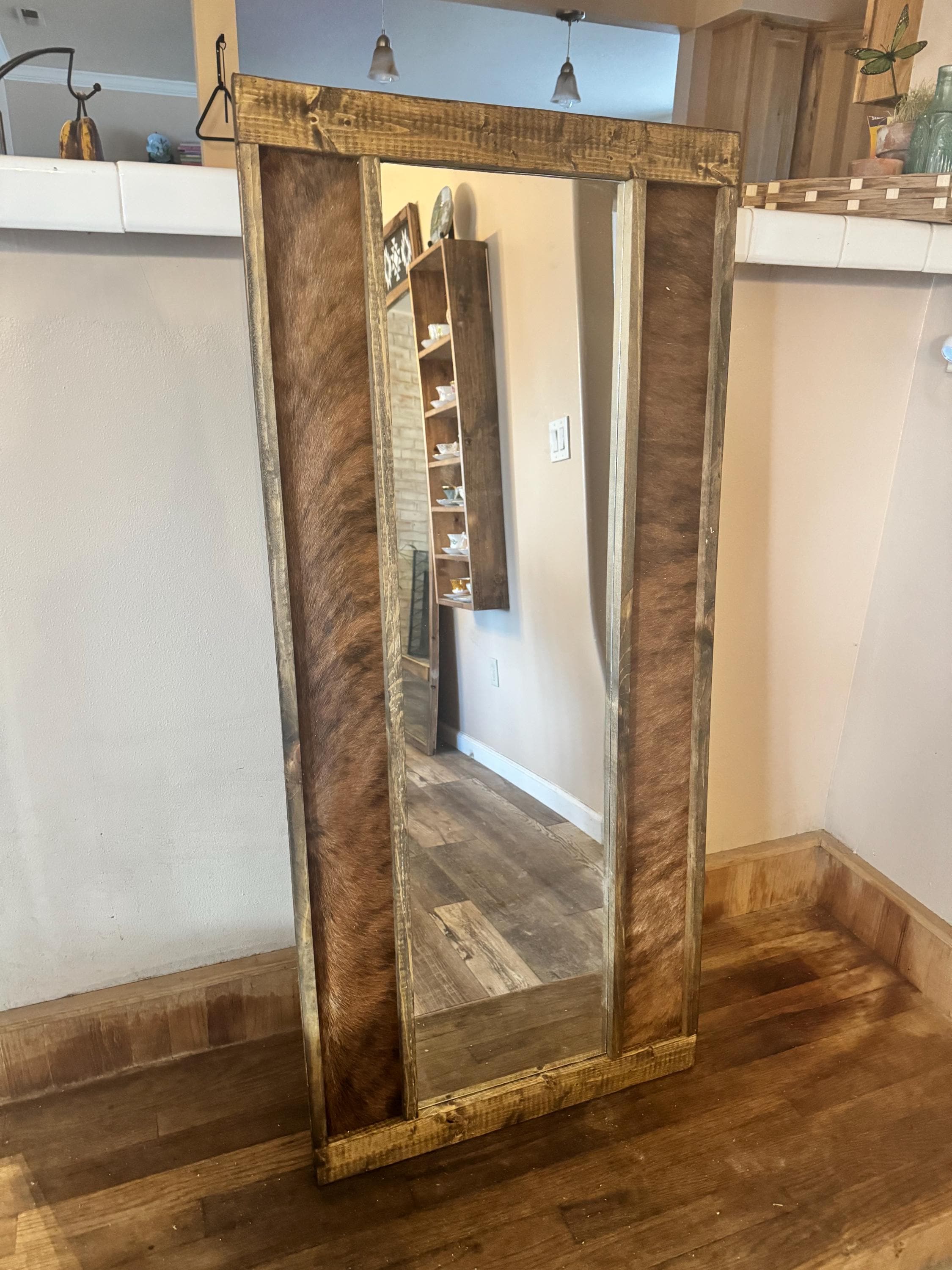 Genuine Cowhide Standing Mirror | Rustic Western Decor (53” x 24”