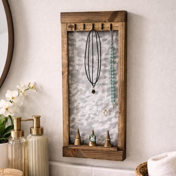 Rustic Wood Jewelry Hanger | Western Necklace, Ring & Bracelet Organizer