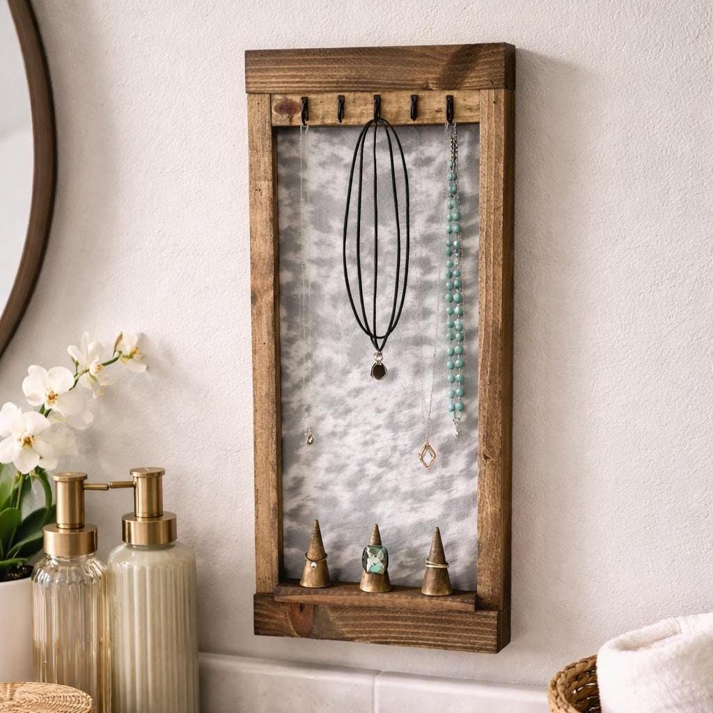 Rustic Wood Jewelry Hanger | Western Necklace, Ring & Bracelet Organizer