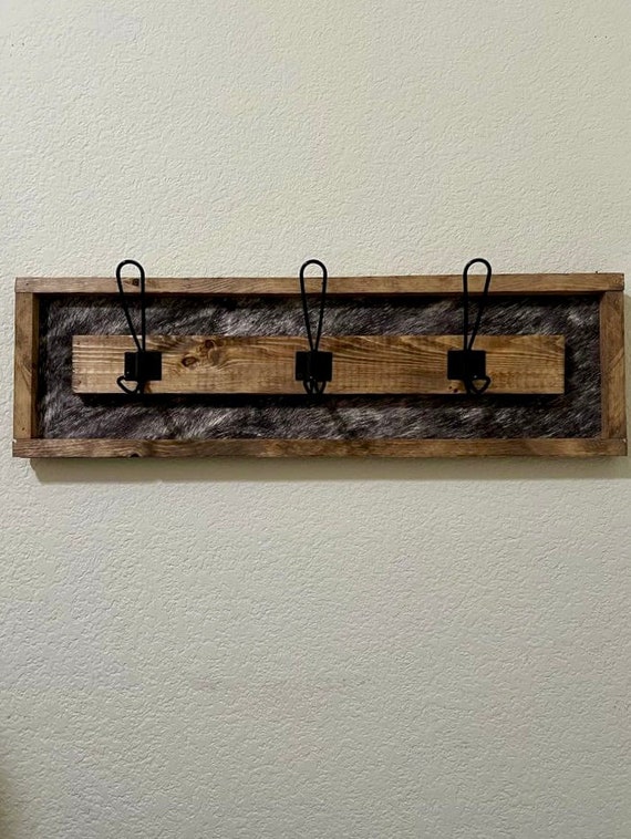 Cowprint Wood Coat Rack | Rustic Entryway Organizer, 3 Hook