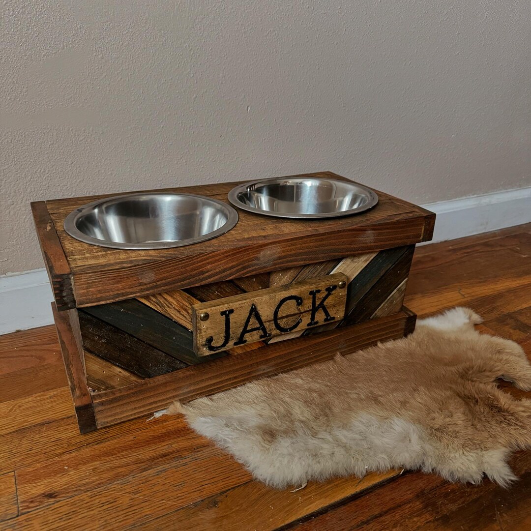 Rustic Raised Dog Bowl Holder | Elevated Feeder | Herringbone | Pet ...