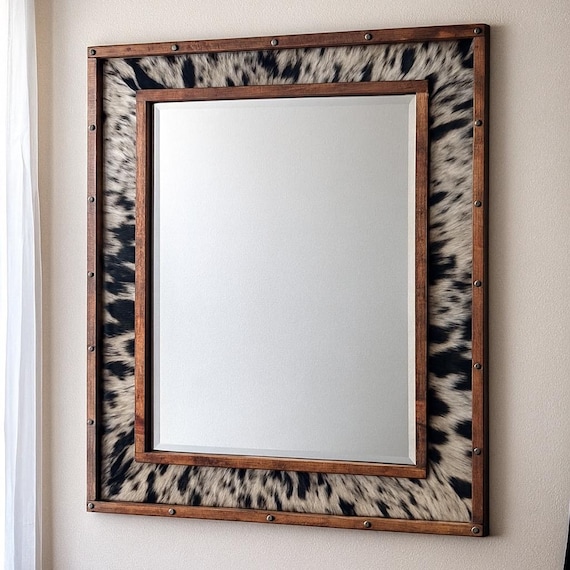 Cowhide Western Mirror | Rustic Ranch Style Wall Art (34”x30”