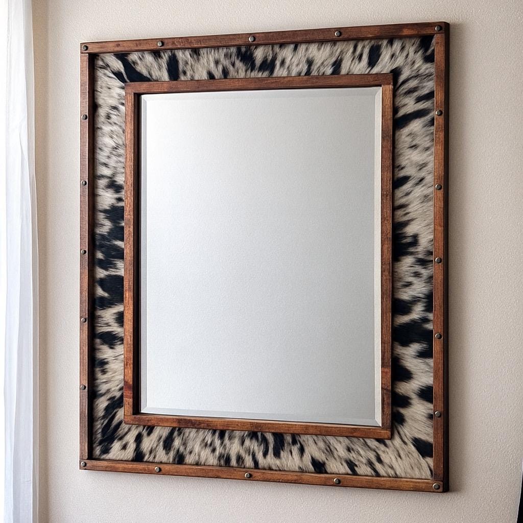 Cowhide Western Mirror | Rustic Ranch Style Wall Art (34”x30”