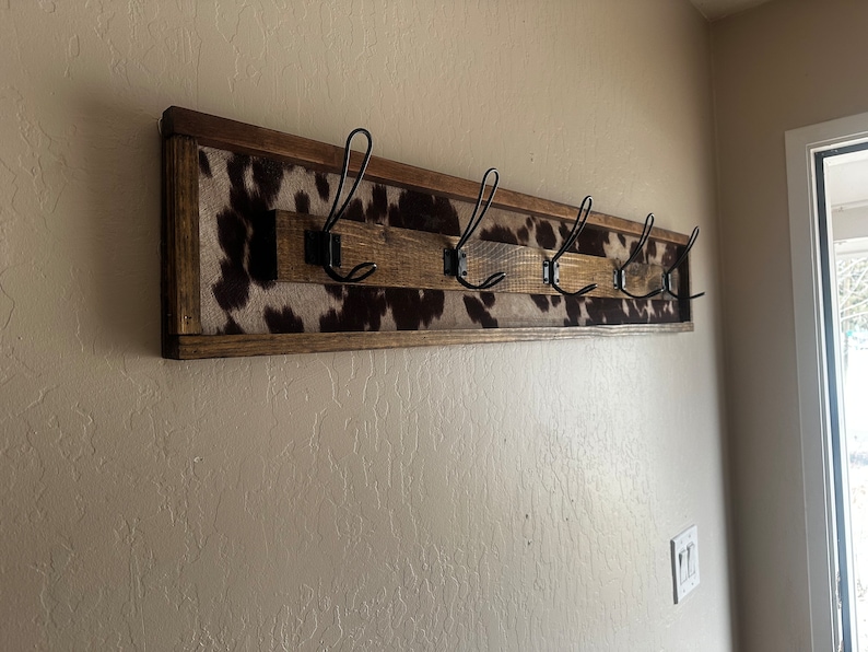 Cowprint Wood Coat Rack | Rustic Entryway Organizer, 5 Hook - Etsy