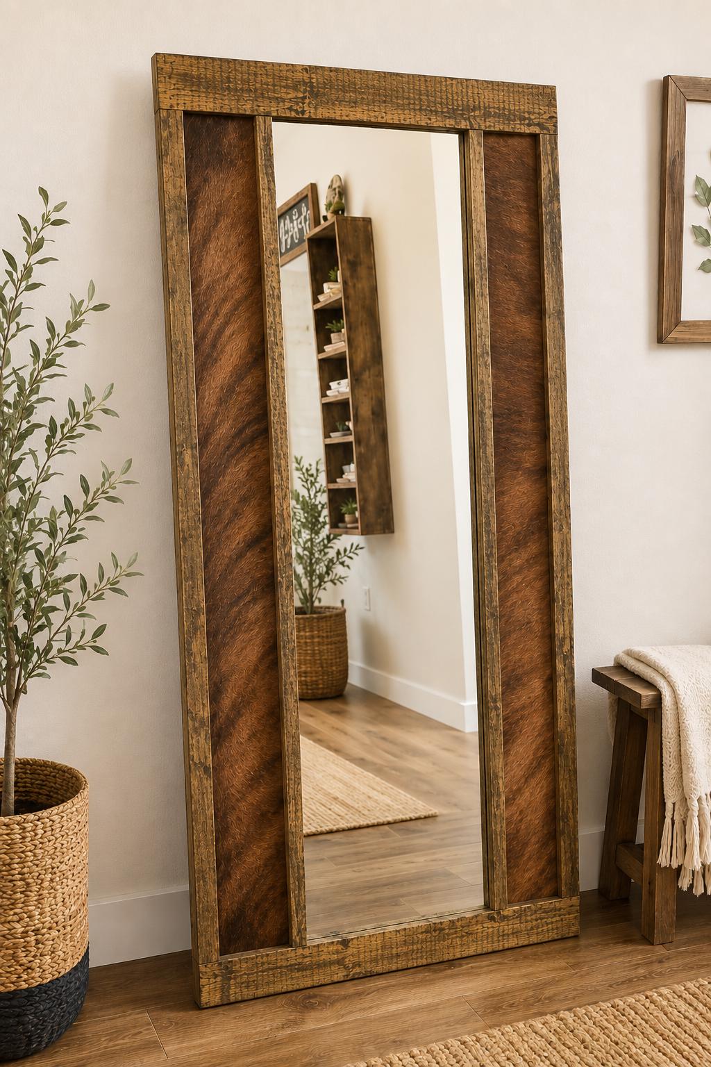 Genuine Cowhide Standing Mirror | Rustic Western Decor (53” x 24”