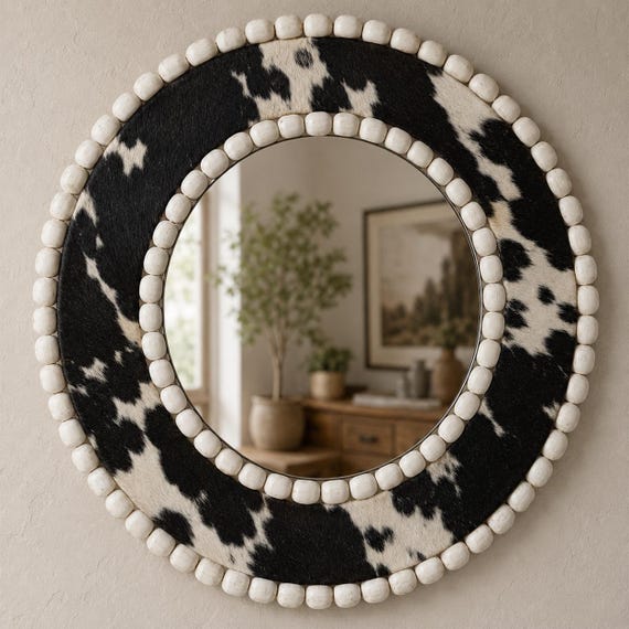 Cowhide Western Mirror | Circular Ranch Style Wall Art 24&quot;