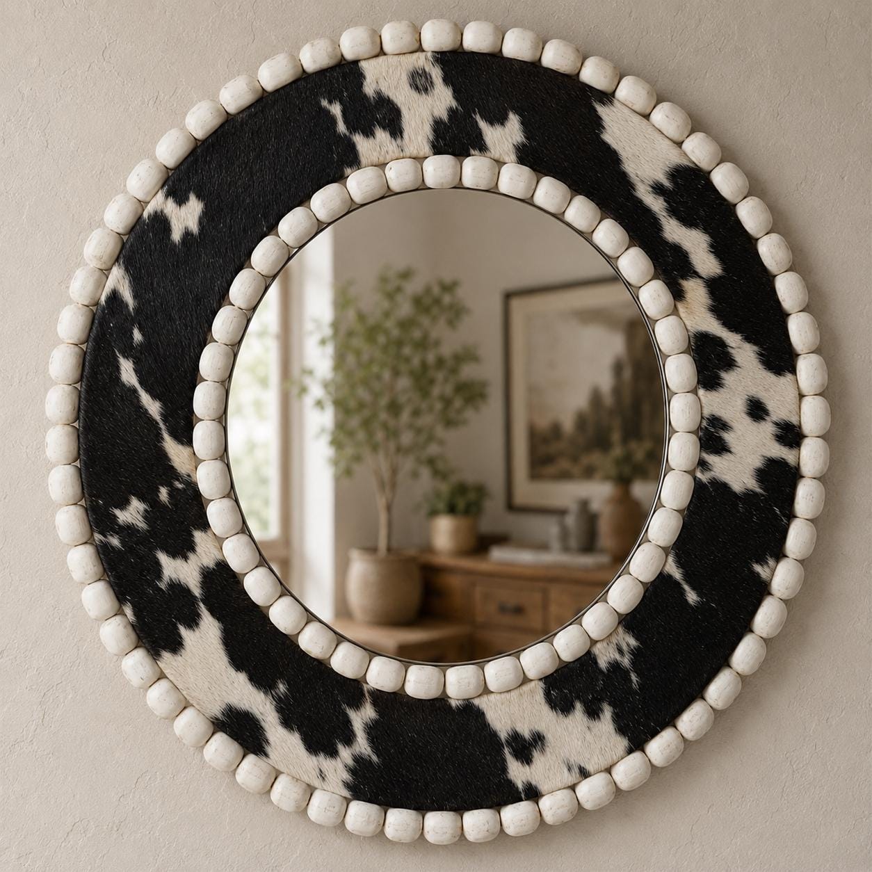 Cowhide Western Mirror | Circular Ranch Style Wall Art 24"