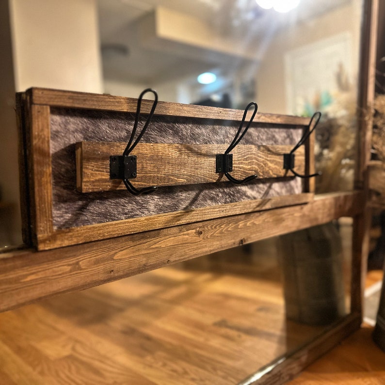 Cowprint Wood Coat Rack | Rustic Entryway Organizer, 3 Hook - Etsy