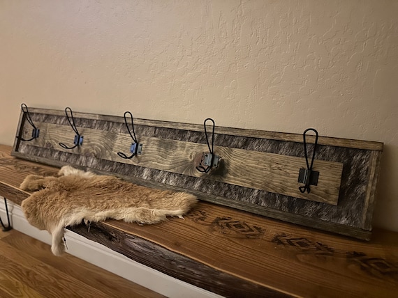 Cowprint Wood Coat Rack | Rustic Entryway Organizer, 5 Hook