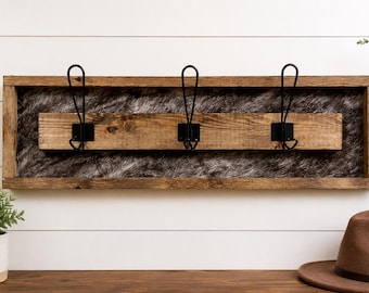 Cowprint Wood Coat Rack | Rustic Entryway Organizer, 3 Hook