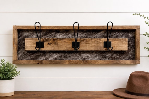 Cowprint Wood Coat Rack | Rustic Entryway Organizer, 3 Hook