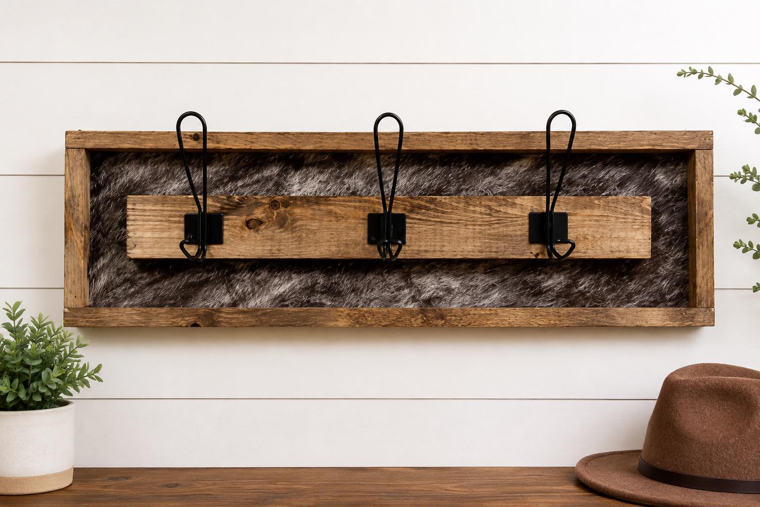 Cowprint Wood Coat Rack | Rustic Entryway Organizer, 3 Hook