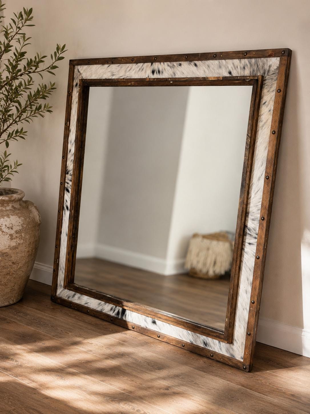 Cowhide Western Mirror | Rustic Ranch Style Wall Art 36”x36”