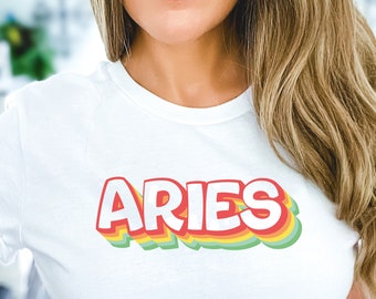 Aries Shirt 70s Retro Zodiac Shirt Aries Astrology T-Shirt vintage trendy groovy Aries graphic tee Zodiac Tee Gift for her him