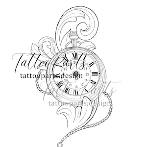 May include: A black and white line art tattoo design of a pocket watch with roman numerals and a floral design. The watch is attached to a rope.