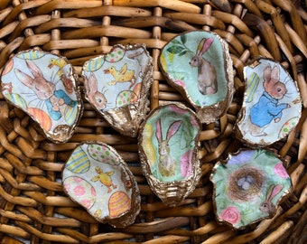 Easter Egg Spring Bunny Decor Handmade Oyster Shell Ring Trinket Dish with Gold Trim - Small