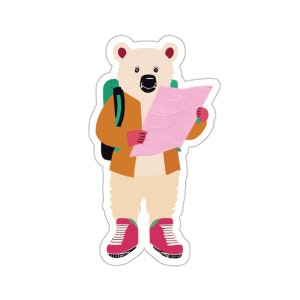 May include: A white polar bear wearing a brown jacket and green backpack, holding a pink map and wearing red boots.