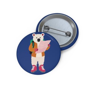 May include: A white polar bear wearing a brown jacket, green backpack, and red boots is holding a pink map. The bear is standing on a dark blue background.