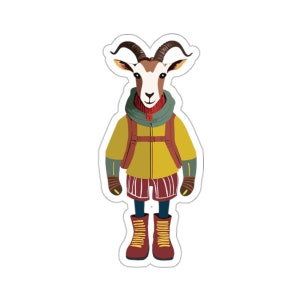 May include: A cartoon illustration of a goat wearing a yellow jacket, red and white striped shorts, and brown hiking boots. The goat is wearing a green scarf and a red hat.