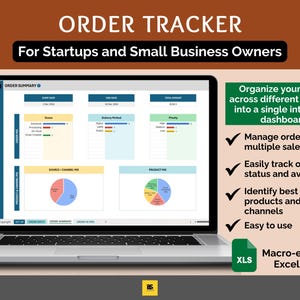 May include: A laptop screen showing an order tracker dashboard designed for startups and small business owners. The display includes order summaries, delivery methods, and product mix data. Text includes "Organise your orders" and "Macro-enabled Excel Tool."