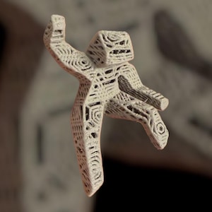 May include: A 3D-printed sculpture of a person in a dynamic pose, with one arm raised. The sculpture is off-white and features a complex, open-lattice design. The figure's form is defined by intricate, layered patterns, creating a unique aesthetic. The background is blurred, emphasising the sculpture.