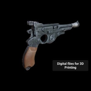 May include: A detailed, metallic grey pistol with a brown grip, set against a black background. The image includes the text "Digital files for 3D Printing". The pistol has intricate details and a silver-coloured barrel.