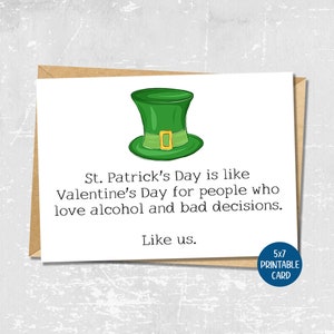 Tarjeta divertida del Día de San Patricio, Día de San Patricio, Tarjeta de felicitación irlandesa imprimible para un amigo, Alcohol y malas decisiones, Tarjeta de amigo del Día de San Patricio