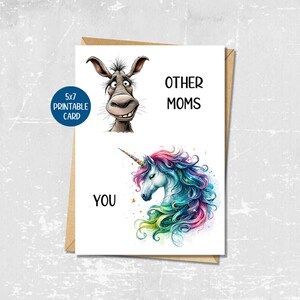 Cartão engraçado do dia das mães para a mãe, cartão hilariante da mãe, cartão para impressão do feliz dia das mães, cartão engraçado do unicórnio, cartão engraçado do aniversário, presente para a mãe
