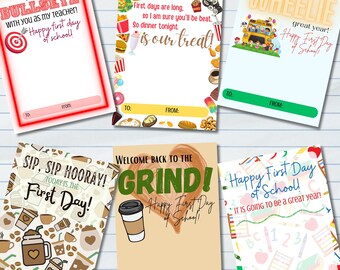 May include: Six rectangular greeting cards for the first day of school. Designs include a bullseye target, various food items, a school bus, coffee cups, a coffee cup with a heart, and school supplies like crayons and apples, all with "To" and "From" fields.