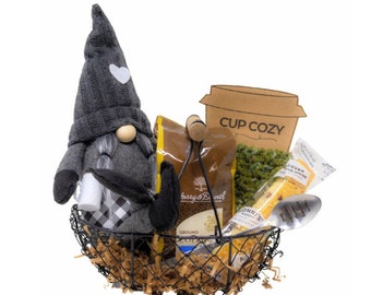 Gnome Kinda Day Coffee Lovers Gift Basket with Hand Knitted Cup Cozy