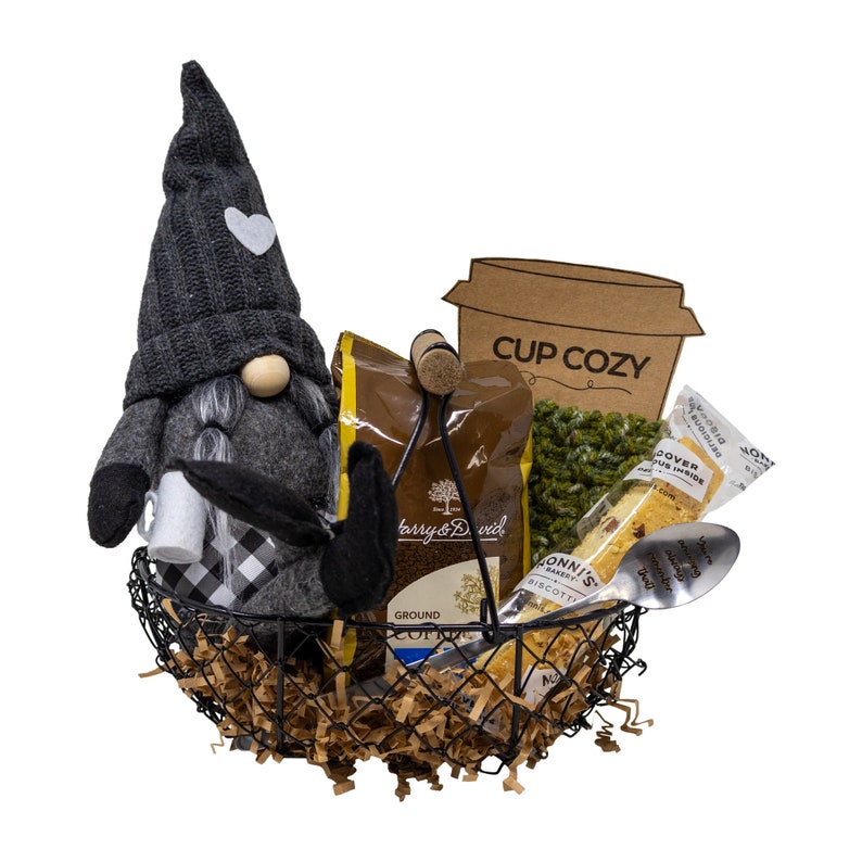 Gnome Kinda Day Coffee Lovers Gift Basket with Hand Knitted Cup Cozy image 2