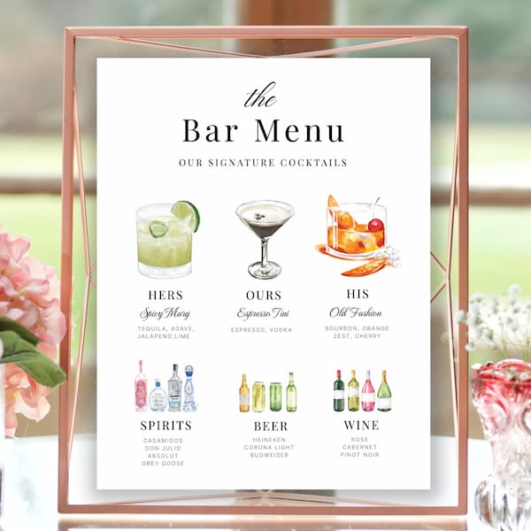 Bar Menu Template, Modern Editable Drink Menu Template, Minimalist Printable Bar Menu,Bar Menu, Cocktail Menu, Engagement Party Bar Menu,