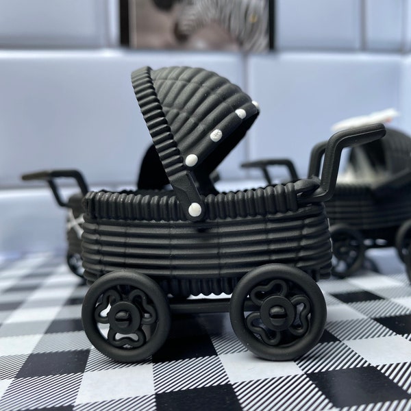 Miniature doll buggy, Black gothic 1:12 scale baby stroller carriage for dollhouse or doll house accessory