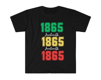 May include: Black t-shirt with the year 1865 printed three times in green, yellow, and red. The word "Juneteenth" is written in white script above the second and third numbers.