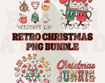 Retro Groovy Christmas PNG Bundle, Sublimation Designs (Digital Download)