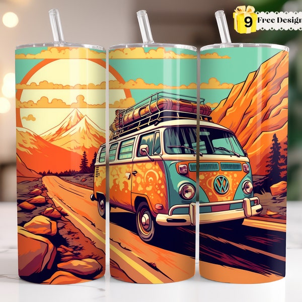 Hippie Van tumbler 20 oz Skinny Tumbler Sublimation Design, Summer Straight Tumbler Wrap PNG, Camper Van, Digital PNG  9.3 x 8.2