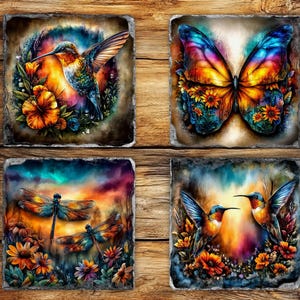 Butterfly & Hummingbird Slate Coaster Set: Rustic Cabin Decor