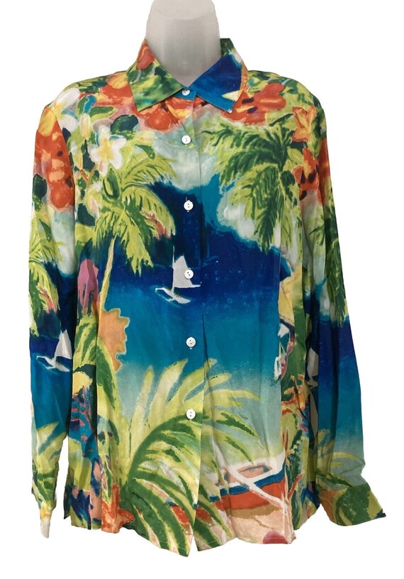 Michael Leu Silk Shirt Top Sailboat tropical blous