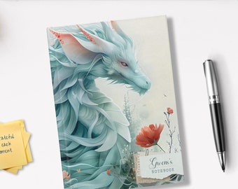 May include: A blue and white dragon notebook with a red poppy flower and the text "Gwen's Notebook".