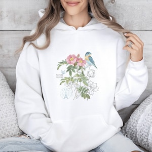 Cottagecore Botanical Hoodie, Wildflower Bird Hooded Top, Warm Winter Fleece, Gift for her Classic Unisex Pullover Hoodie