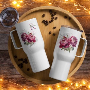 Customisable Rose Peony Floral Travel Mug with a handle, Personalised Large Reusable Insulated Coffee Cup, Botanical Travel Tumbler 25oz