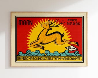Retro Tändsticksask-affisch med hjort • Vintage Indien-konsttryck • Storlekar 20x12" - 20x28″
