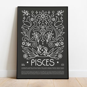 May include: Black and white poster with a floral design and the word "PISCES" in the center. The poster also includes the dates February 19 - March 20, the element "WATER", and the ruling planet "PLUTO".