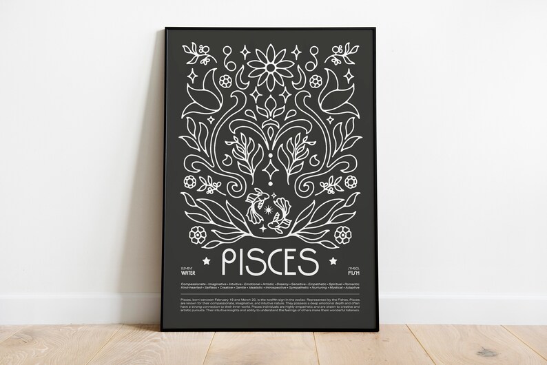 May include: Black and white poster with a floral design and the word "PISCES" in the center. The poster also includes the dates February 19 - March 20, the element "WATER", and the ruling planet "PLUTO".